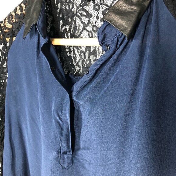 REBECCA Taylor Navy Silk Shirt with Black Lace Sleeves & Leather Collar Size 4 - Picture 4 of 6